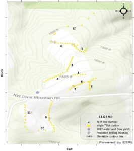 spatially constrained inversion of TEM profile number 4, depicted on the TEM survey layout overlaid on the topographic map